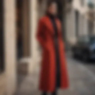 Elegant long overcoat displayed in a boutique setting