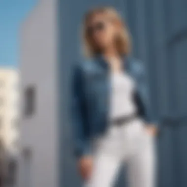 Casual Denim Jacket Ensemble Casual look with a denim jacket and classic white t-shirt, complemented by chic accessories.