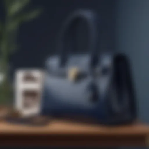 Elegant navy handbag displayed against a stylish backdrop