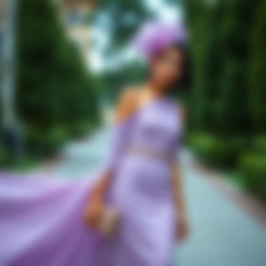 Elegant lilac evening gown paired with matching accessories