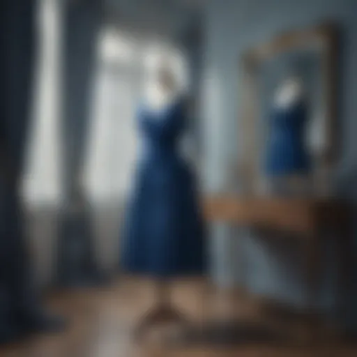 A stylish blue gathered dress on a mannequin showcasing its elegant design.