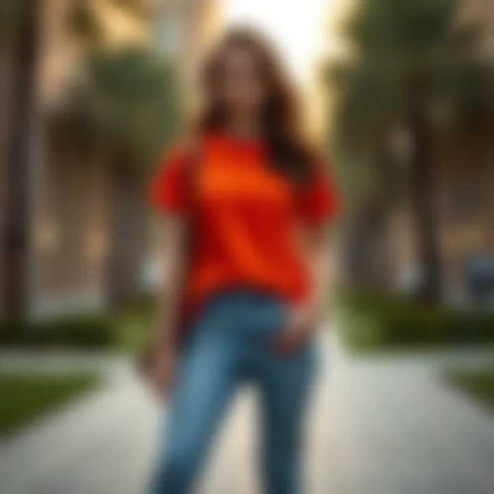 Stylish outfit featuring a bright t-shirt paired with casual jeans