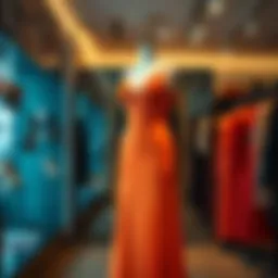 A vibrant orange strappy dress displayed elegantly on a mannequin in a stylish boutique.
